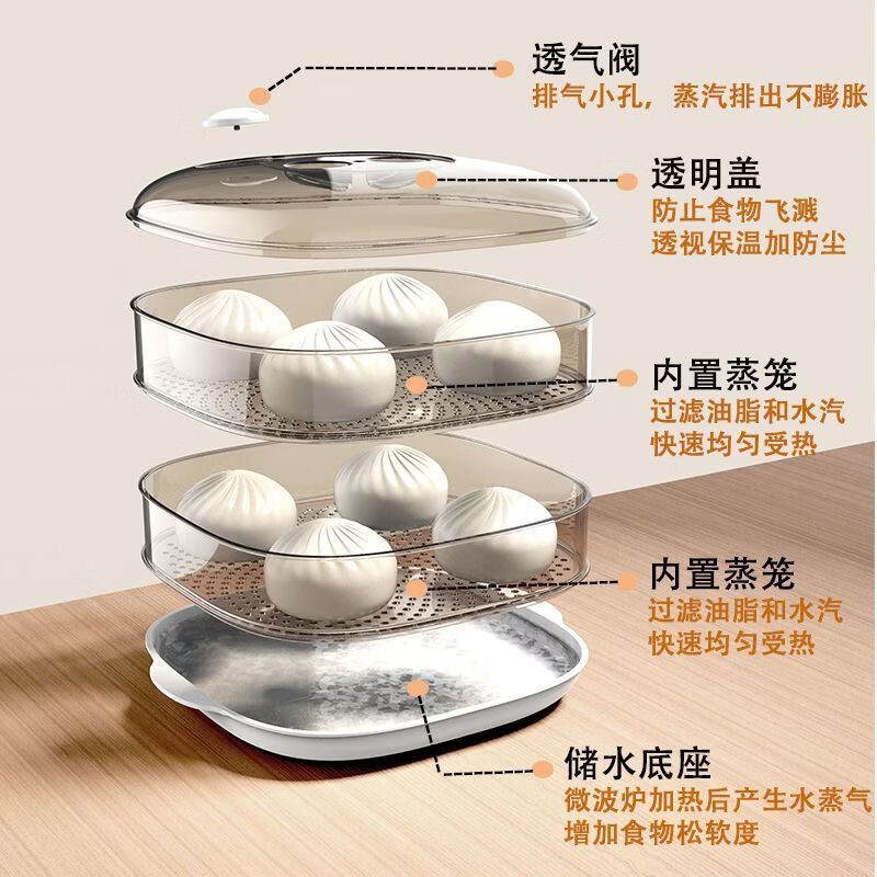 Wing Fantasy microwave oven heating special steamer microwave steamer large capacity multi-layer heating steamer box square steamer square white one layer (steaming cloth included)