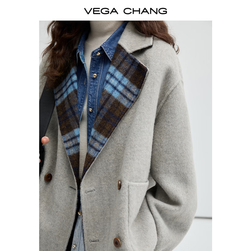 VEGA CHANG double-sided woolen coat for women winter small alpaca woolen coat Nordic blue plaid S