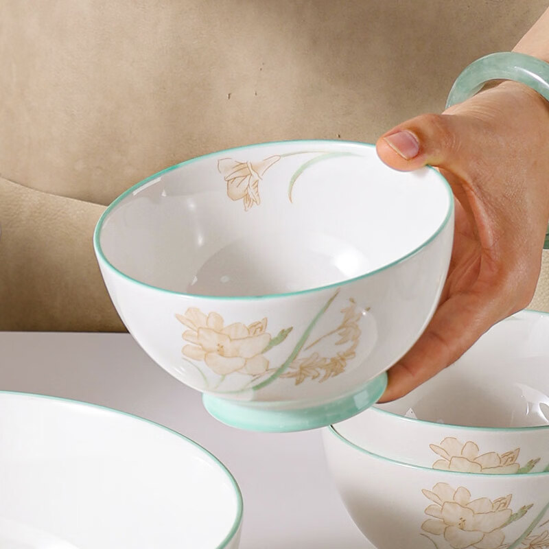 Jie Yajie ceramic bowl 4.5-inch high-temperature fired high-end light luxury home eating bowl set 6 pieces for beautiful women