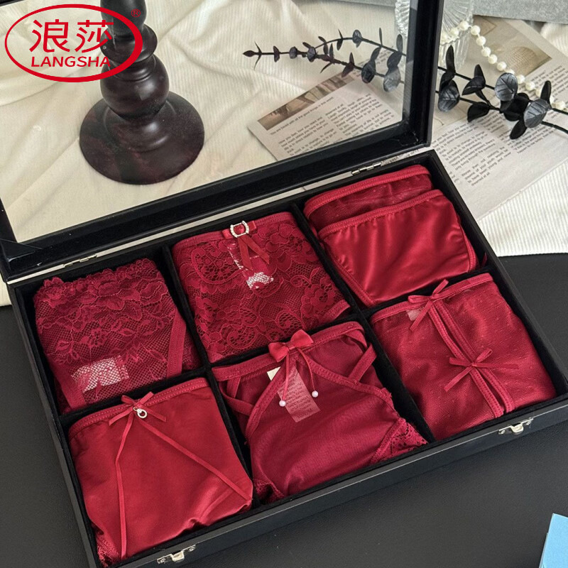 LangSha Light Luxury Design Lace Feel Customized High-end Sexy French New Year Red Underwear for Girlfriend as a Gift New Year Red Underwear Set Box of 6 Pieces M Recommended 85-100 Jin