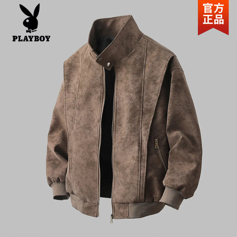 Playboy (PLAYBOY) Jackets for Men and Women Spring and Autumn American Retro Baseball Collar Casual Loose Maillard Washed Leather Jacket Men Gray High Quality L