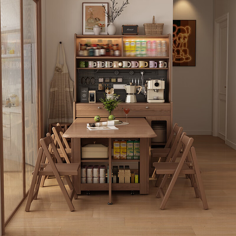 Isabel foldable dining table and side cabinet integrated wall-mounted small household solid wood dining table and chairs, antique style living room storage wine cabinet, single cabinet | 8000W guide rail socket, can be embedded in the storage dining table
