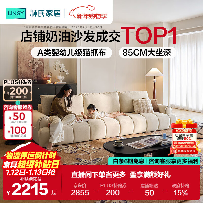 Lin's Home Sofa Living Room 2025 New Modern Simple Cream Style Fabric Sofa Puff Cat Scratch Cloth Furniture TBS175
