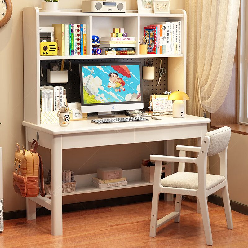 Huixun solid wood desk bookshelf integrated table modern simple hole board computer desk student home study desk writing desk FAS grade rubber wood without veneer walnut color #desk + bookshelf 100cm*60cm*80cm total height 160cm