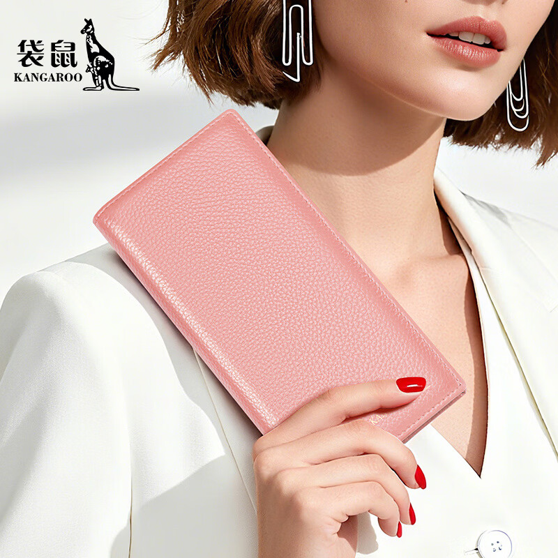 Kangaroo Wallet Women's Long Genuine Leather 2025 New Fashion Versatile Multi-Card Slot Cowhide Clutch Women's Wallet Clutch Pink-Thick