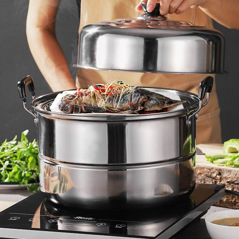 Jiuyang Jiaren thickened stainless steel steamer household multi-layer steamer stew steamer fish pot steamer steamed buns induction cooker gas stove special extra thick double-layer steamer (for 9-12 people) 40cm