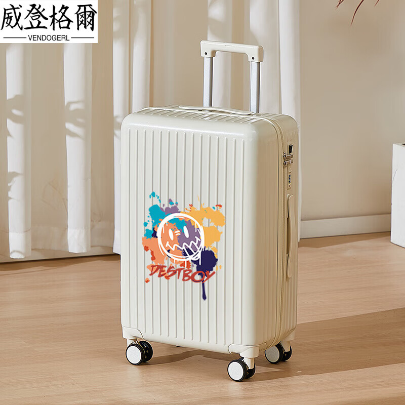 VENDOGERL suitcase for girls with good looks 2025 new 20-inch trolley case with personalized password travel leather case cute cartoon zipper single box cream white_graffiti smiley 24-inch USB dual charge + mobile phone holder + water cup holder