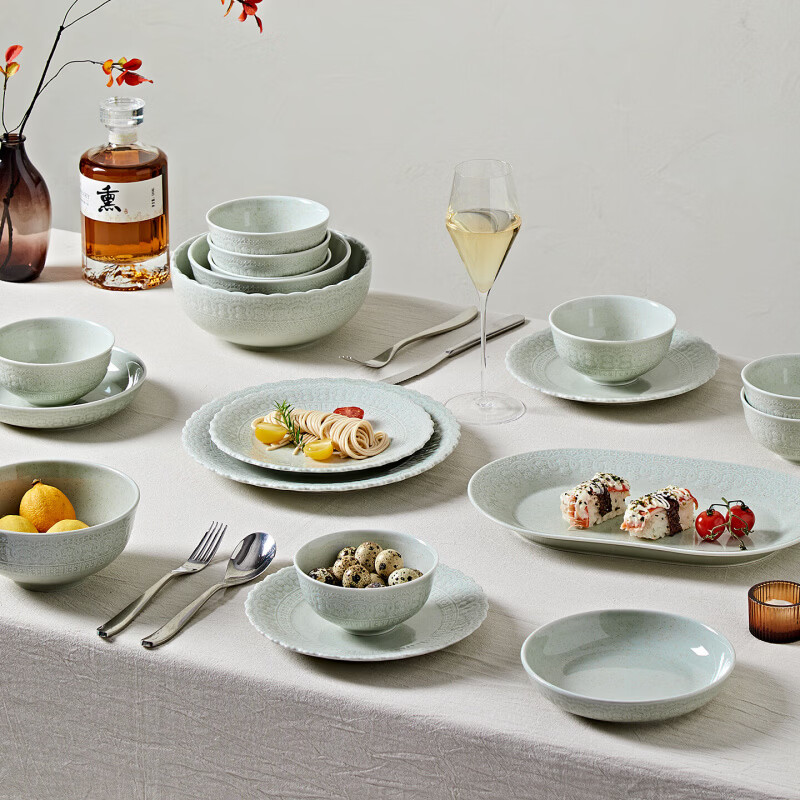 Huanjiao bowl set bowls and plates 2026 new style high-value retro underglaze color bowls and plates rice bowls plates chopsticks gift high-end high-value (59 pieces for 12 people) Mambo green bud pattern