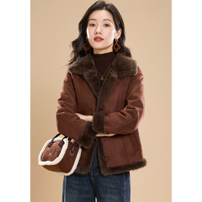 Kerber plus velvet warm lapel short coat for women winter 2025 Maillard atmosphere single-breasted imitation fur jacket M