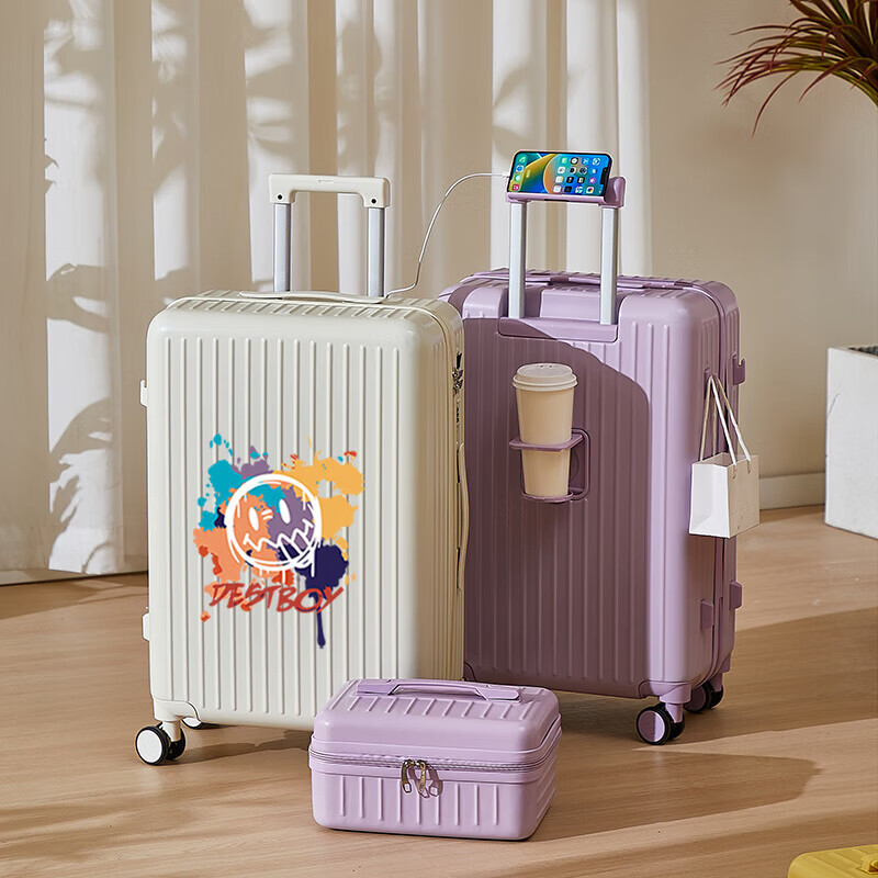 VENDOGERL suitcase for girls with good looks 2025 new 20-inch trolley case with personalized password travel leather case cute cartoon zipper single box cream white_graffiti smiley 24-inch USB dual charge + mobile phone holder + water cup holder