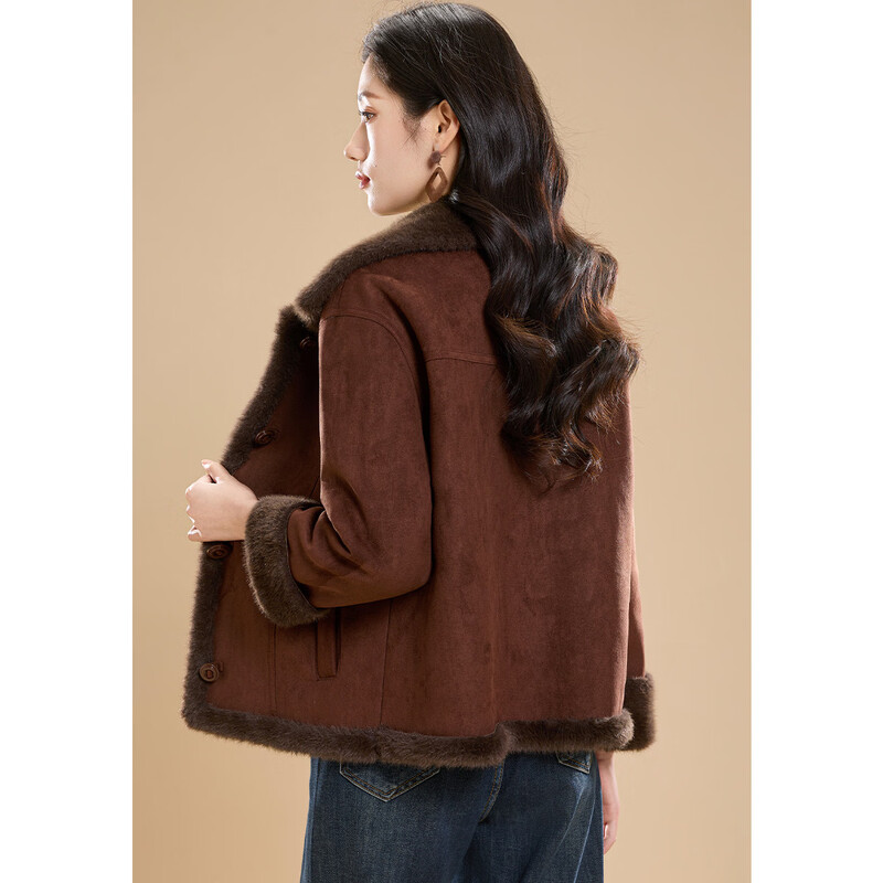 Kerber plus velvet warm lapel short coat for women winter 2025 Maillard atmosphere single-breasted imitation fur jacket M