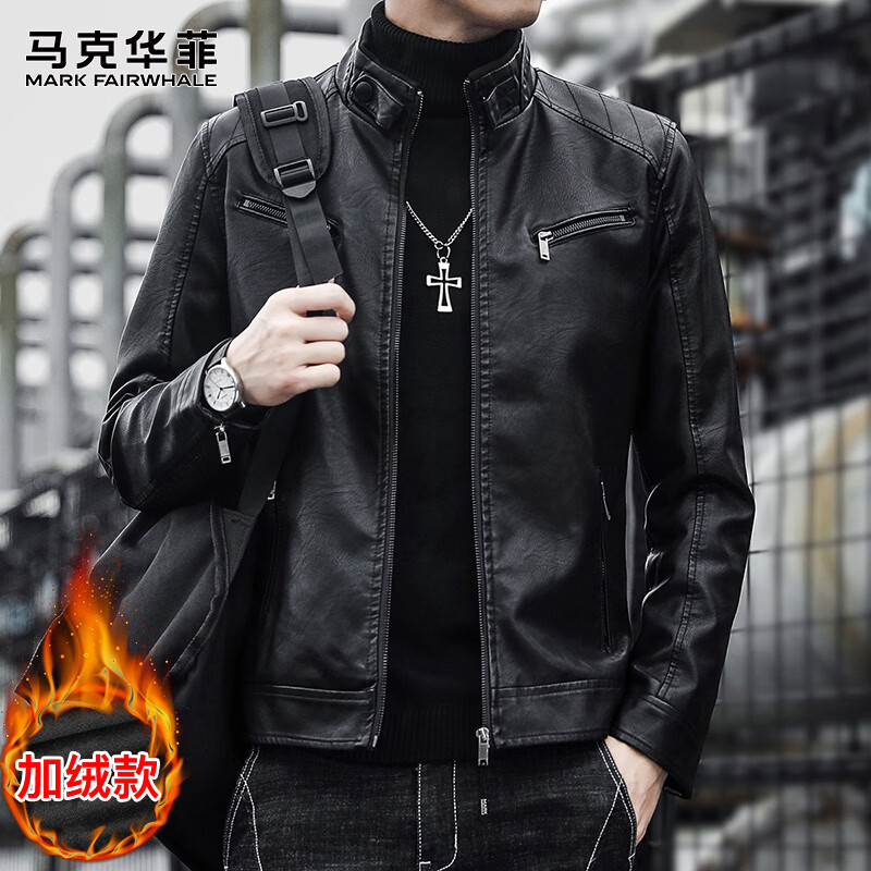 MARK FAIRWHALE leather men's work jacket men's winter stand-up collar handsome motorcycle jacket men's top black velvet XL