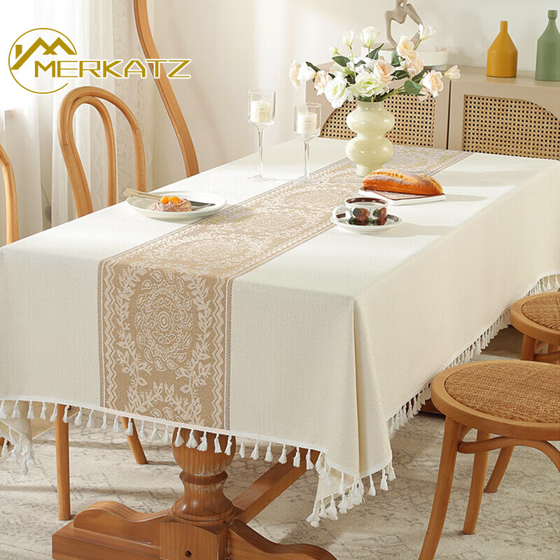 Merkatz embroidered light luxury thickened cotton and linen tablecloth no-wash waterproof simple tablecloth coffee table fabric rectangular table mat new style garland-coffee flat edge 100*160CM