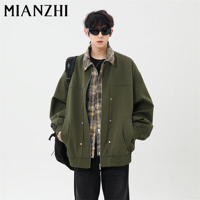 Cotton Jacket Men's Autumn and Winter American Fake Two-piece Lapel Jacket Plaid Trendy Workwear Warm Top Black M