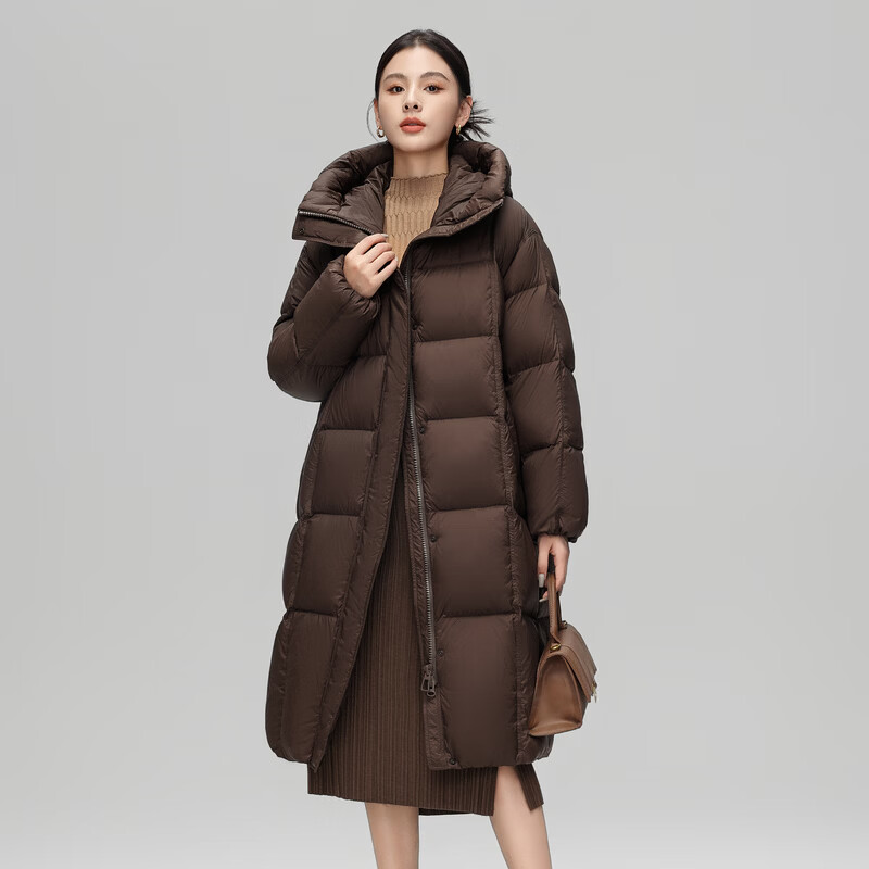Xue Zhongfei's new women's dopamine age-reducing fashion long hooded down jacket is warm and thickened, wind-resistant and casual, dark brown|7128 M/165/88A
