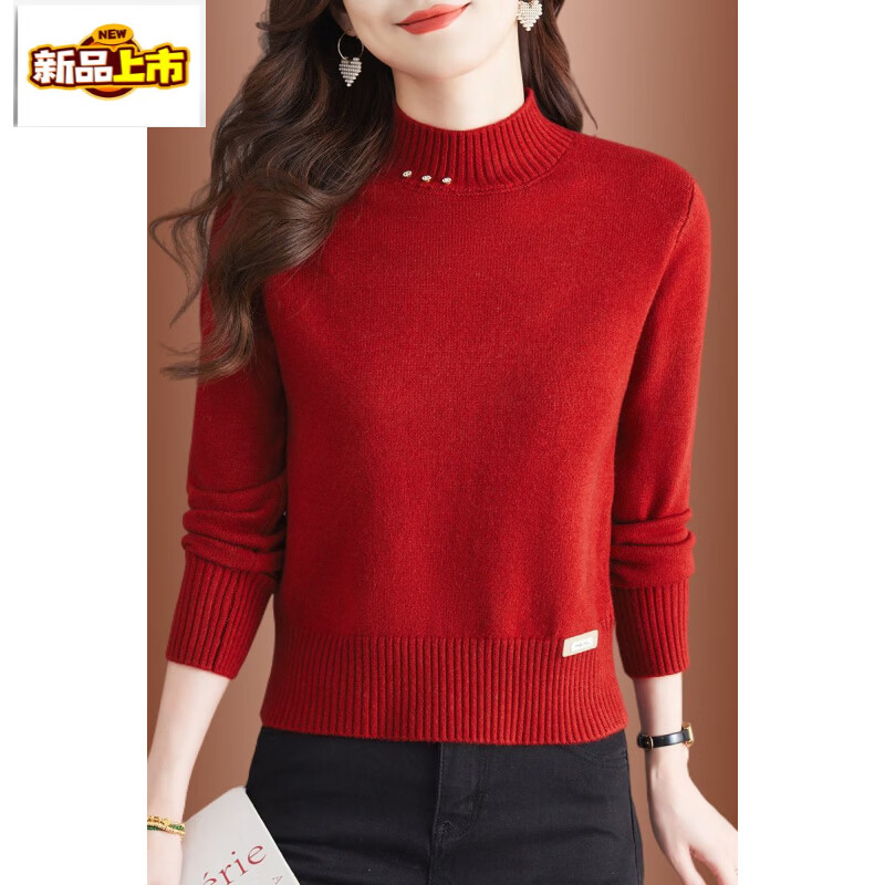 Chu Jing Cardigan Women's Half Turtleneck Sweater Small Short High Waist Bottoming Sweater Autumn and Winter Style Skirt Sweater Red XL (Recommended 118-128 catties)