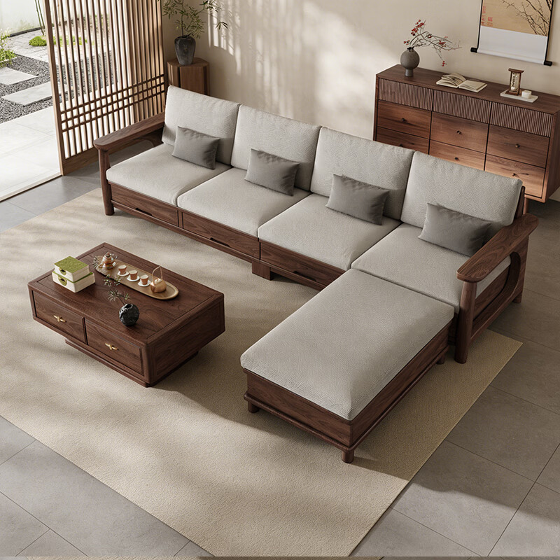 Small wooden nest sofa Song's aesthetic all solid wood sofa living room 2025 new small apartment sofa combination black walnut straight three-seat combination