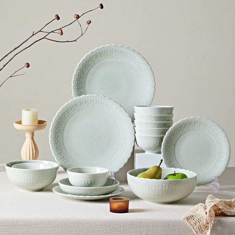 Huanjiao bowl set bowls and plates 2026 new style high-value retro underglaze color bowls and plates rice bowls plates chopsticks gift high-end high-value (59 pieces for 12 people) Mambo green bud pattern