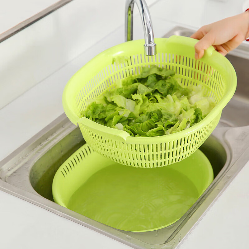 Shantou Lincun vegetable basin double-layer thickened vegetable drain basket household fruit plate storage basket multi-functional vegetable basket kitchen utensils Nordic Green