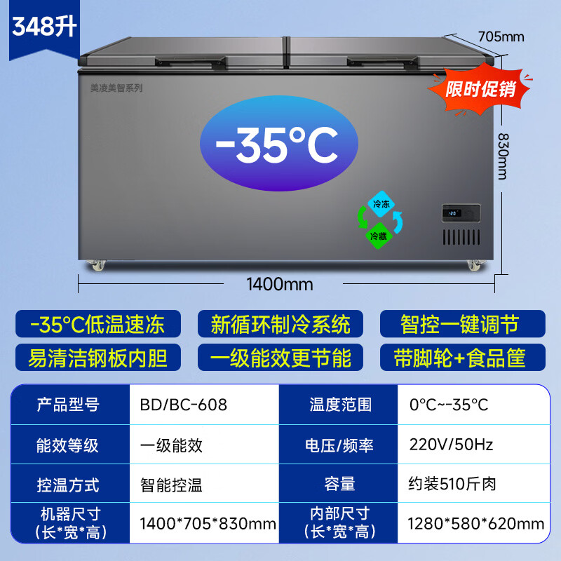 Meilingmei -35 Xingyao Gray Series Freezer Commercial Large Capacity Full Freezing Home Dual Temperature Horizontal Freezer Display Cabinet -35 Ice Freezing 1.4 Meter Cryogenic Quick Freezing Copper Pipe Model