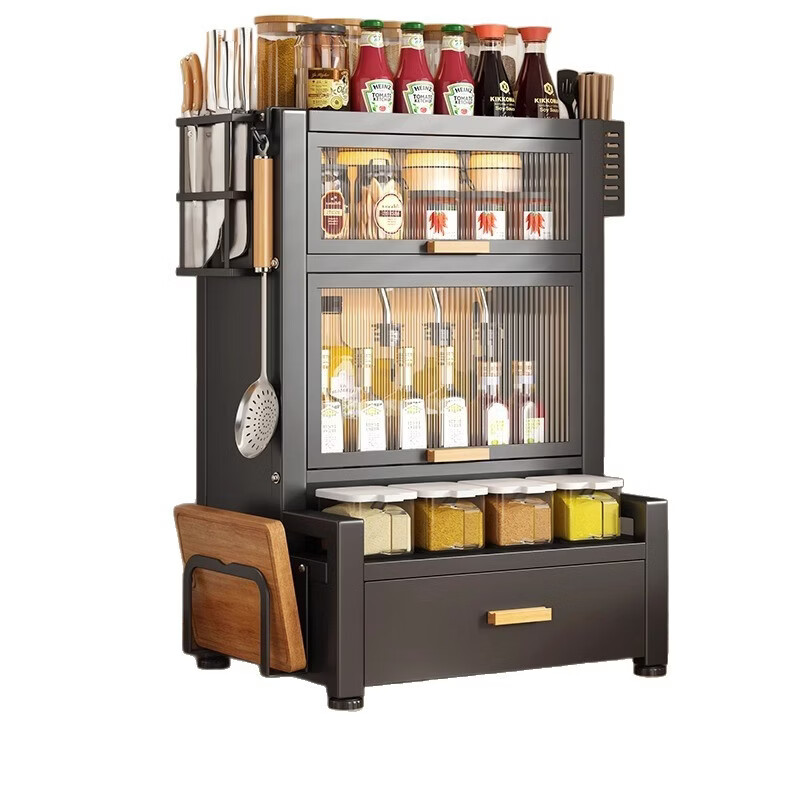 Ermo kitchen condiment storage rack countertop household multi-layer dust-proof condiment jar condiment storage box piano black 3-layer condiment cabinet set + 4 hooks (free 4 condiment boxes)