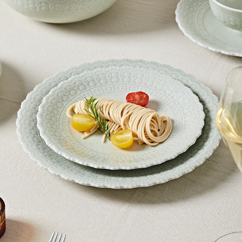 Huanjiao bowl set bowls and plates 2026 new style high-value retro underglaze color bowls and plates rice bowls plates chopsticks gift high-end high-value (59 pieces for 12 people) Mambo green bud pattern