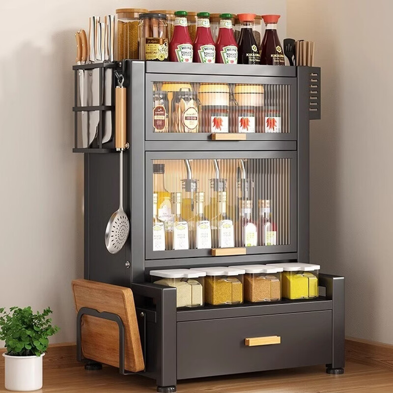 Ermo kitchen condiment storage rack countertop household multi-layer dust-proof condiment jar condiment storage box piano black 3-layer condiment cabinet set + 4 hooks (free 4 condiment boxes)