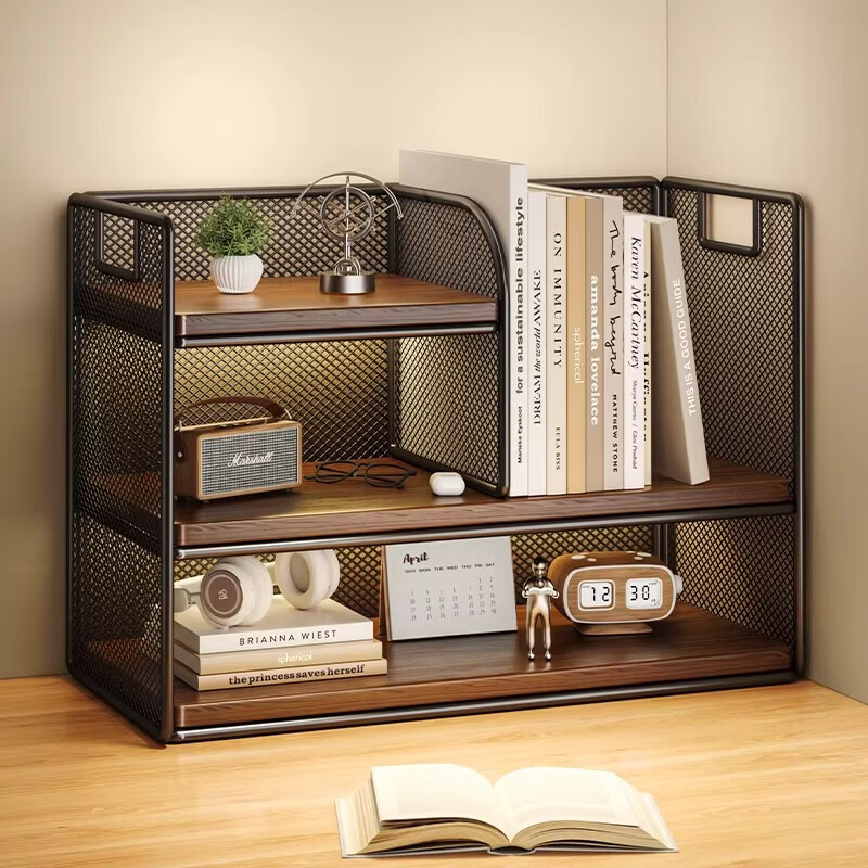 Lin's boy desktop storage rack desk storage desk simple bookshelf desk storage home office file placement rack black three-layer teak medium size