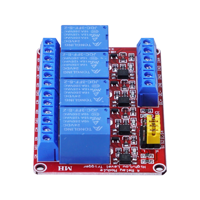 Throwing stones, with optocoupler relay module, 4-way relay, 24V working voltage, current resistance 10A, adjustable trigger level