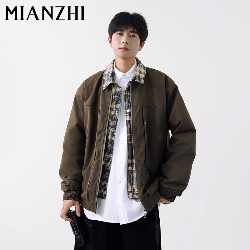 Cotton Jacket Men's Autumn and Winter American Fake Two-piece Lapel Jacket Plaid Trendy Workwear Warm Top Black M