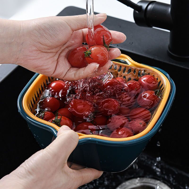 Shantou Lincun vegetable basket double-layer plastic vegetable sink drain basket kitchen household fruit plate vegetable basket large size 1 pack