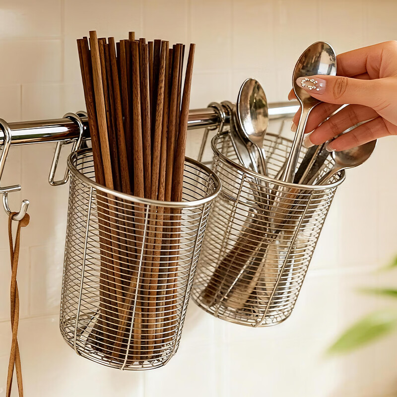 YOUQIN 304 stainless steel chopstick tube mildew-proof hanging chopstick cage household storage box wall-mounted tube drain rack large chopstick tube + hook