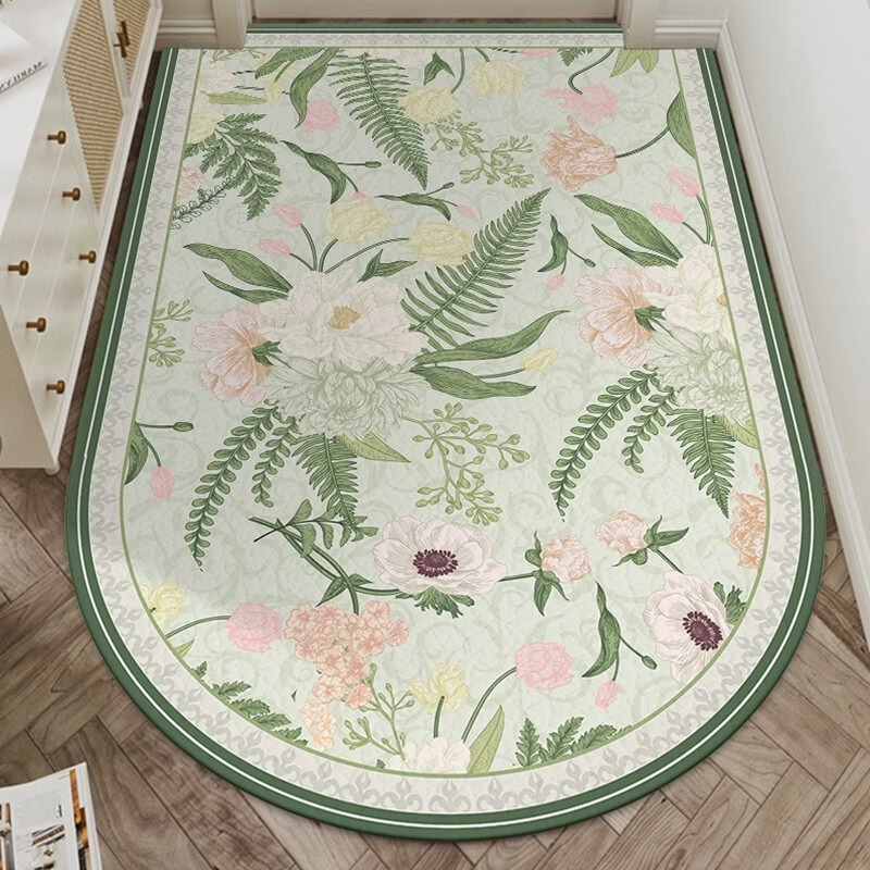 Fantasy green entrance door floor mat, retro door leather shoe mat, entry door washable, cut and shoe carpet, L green semicircle 80x120CM, wear-resistant and scratch-resistant, clean entry