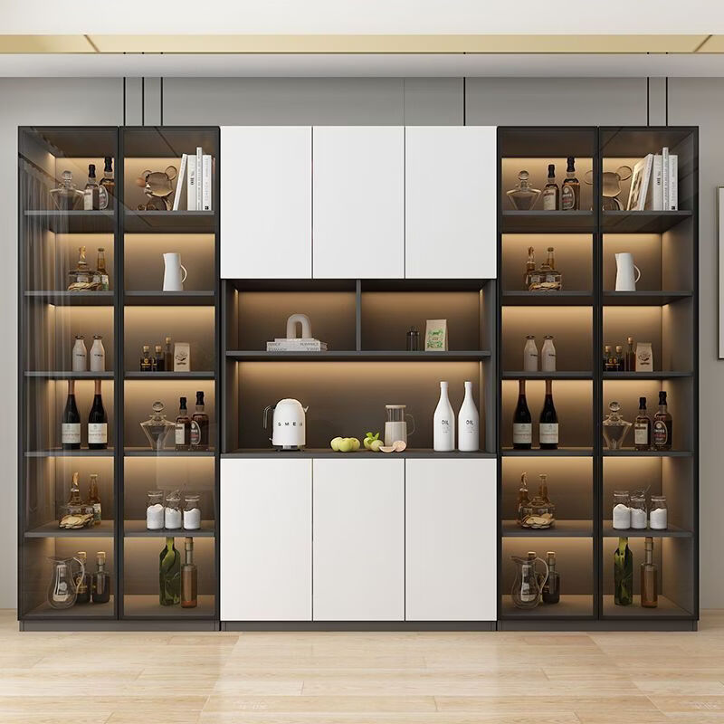 Junli solid wood wine cabinet against the wall multi-functional high cabinet integrated restaurant kitchen simple modern custom storage installation and heightening Elevator entry master installation - installation included black and white. Thickened to create style 2 80*40*220
