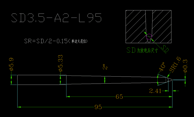 Point gate electrode SR arc thin nozzle copper male spark machine glue inlet red copper extremely red copper features SD3.5-A2-L95 Same as Y90/3.5*2