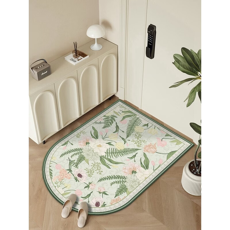 Fantasy green entrance door floor mat, retro door leather shoe mat, entry door washable, cut and shoe carpet, L green semicircle 80x120CM, wear-resistant and scratch-resistant, clean entry
