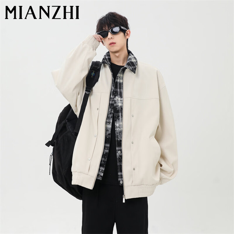 Cotton Jacket Men's Autumn and Winter American Fake Two-piece Lapel Jacket Plaid Trendy Workwear Warm Top Black M