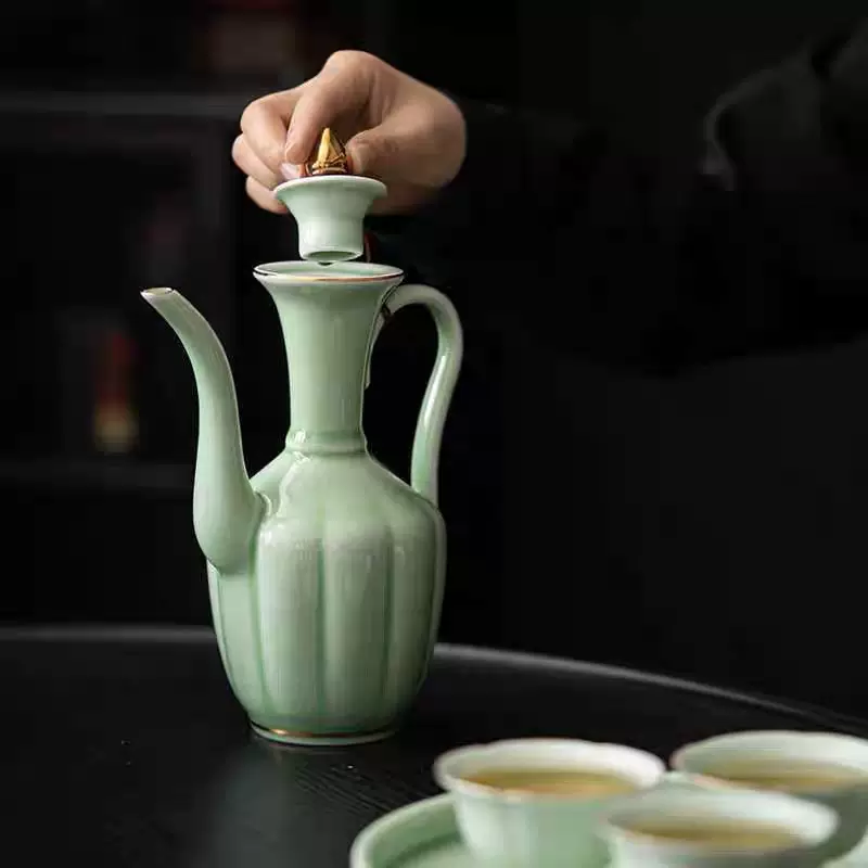 Yusenyi high-end ceramic wine warmer constant temperature wine jug retro imitation Song Dynasty wine set white wine rice wine household wine glass gift box set gold-painted plum green 1 pot 1 bowl 6 cups 1 ceramic plate