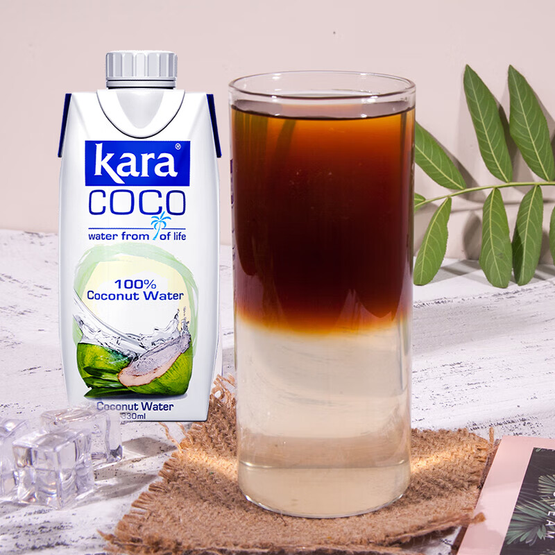KARA 100% coconut water 330ml*12 bottles, containing electrolytes, quick hydration drink, 0 fat and low calorie