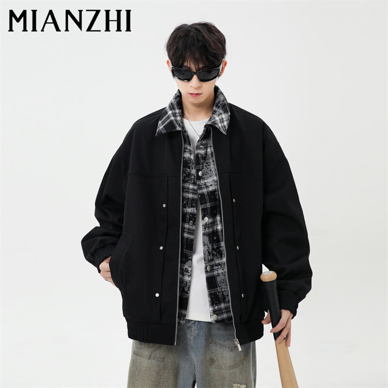 Cotton Jacket Men's Autumn and Winter American Fake Two-piece Lapel Jacket Plaid Trendy Workwear Warm Top Black M