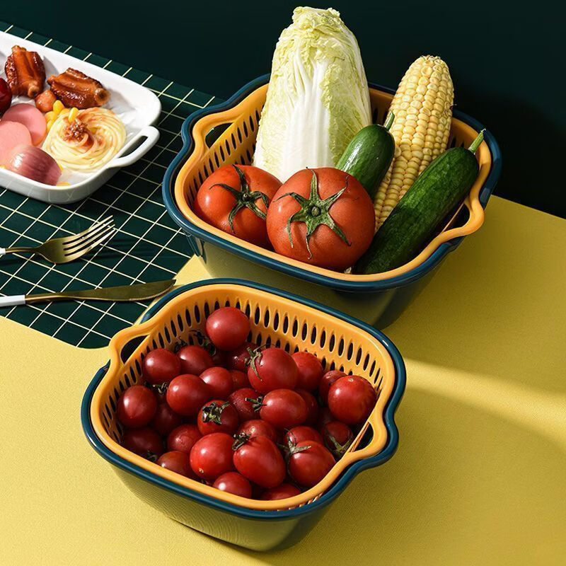 Shantou Lincun vegetable basket double-layer plastic vegetable sink drain basket kitchen household fruit plate vegetable basket large size 1 pack