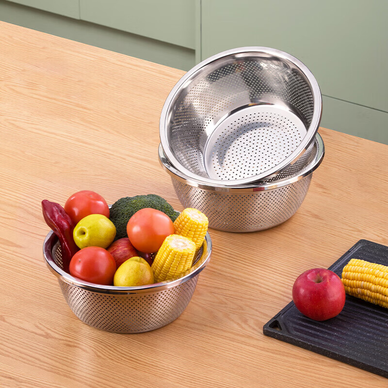 Camellia stainless steel vegetable washing basket, thickened rice sieve, dense hole vegetable washing fruit basin, round household and washbasin, 28cm (basin deepened) 1 piece