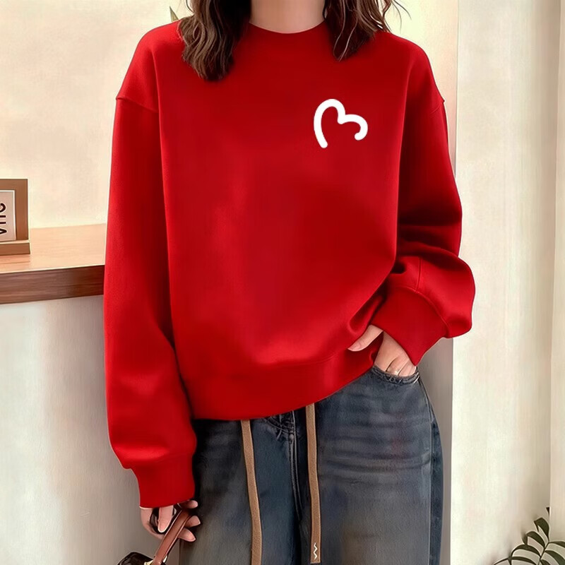 One Inch Acacia 2026 Autumn New Popular Year of the Horse Clothes Plus Velvet Thickened Red Round Neck Sweater Women's Zodiac Year Red Top Red - Immediate Success Spring and Autumn Style M 110-130 Jin