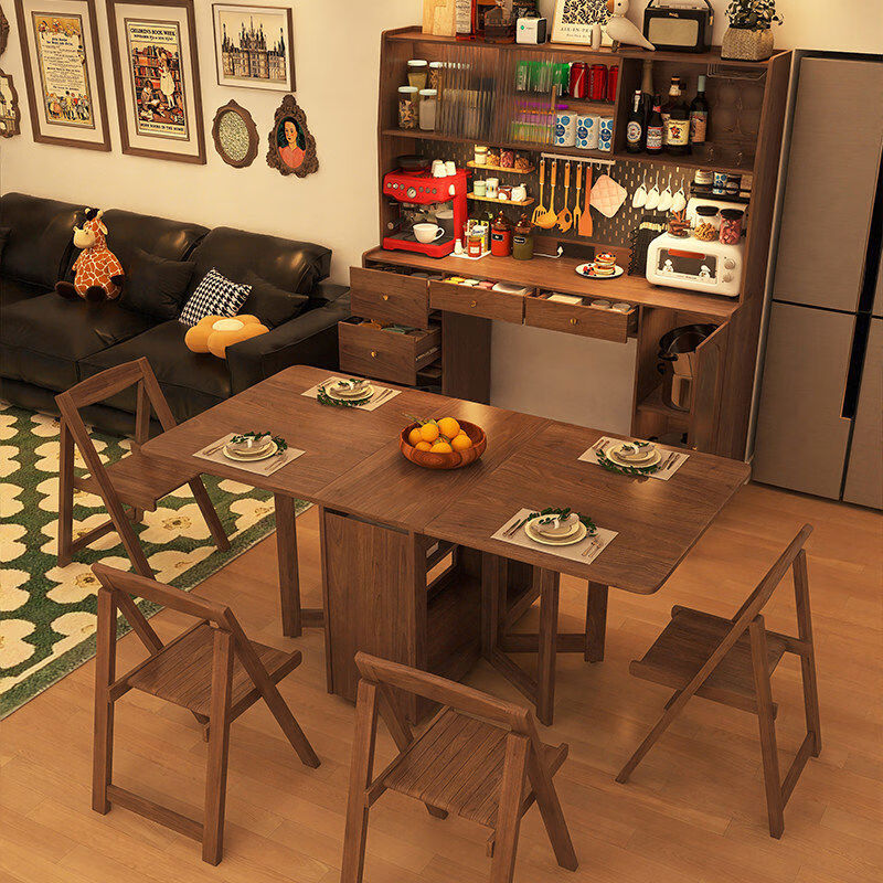Solid wood folding dining table and sideboard integrated retractable retro small apartment with medieval style wall-mounted home table All solid wood walnut color 1 point 6 table cabinet + 4 chairs