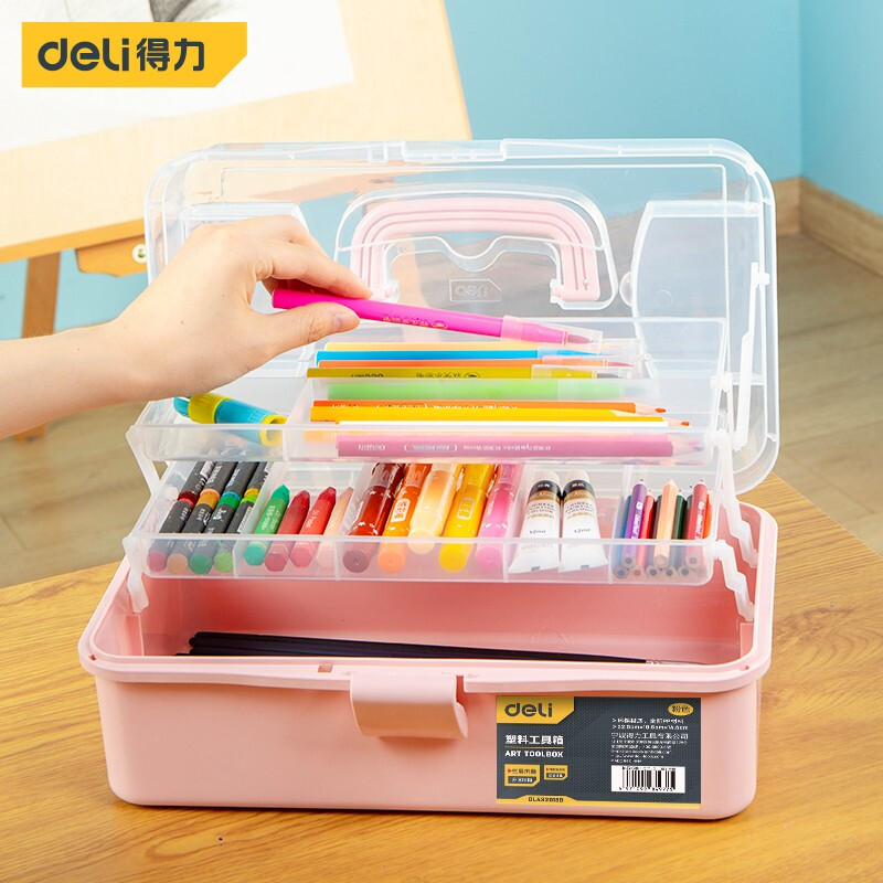 Deli tool box portable art storage box three-layer transparent plastic box portable gouache oil painting box brush box 13 inches simple pink DL432013B