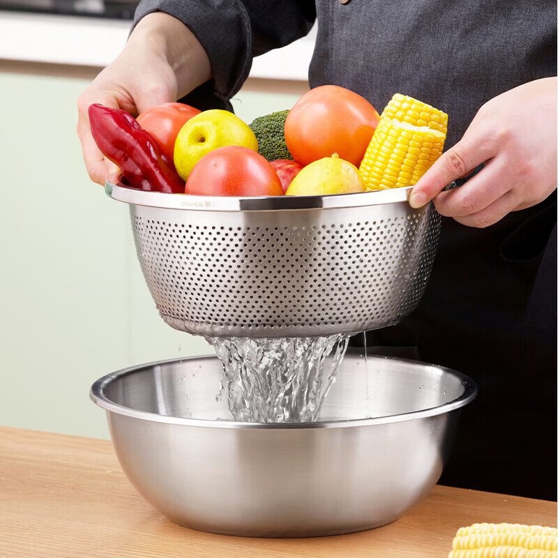 Camellia stainless steel vegetable washing basket, thickened rice sieve, dense hole vegetable washing fruit basin, round household and washbasin, 28cm (basin deepened) 1 piece