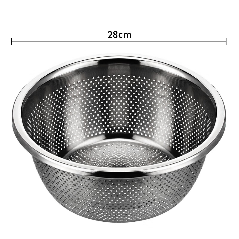 Camellia stainless steel vegetable washing basket, thickened rice sieve, dense hole vegetable washing fruit basin, round household and washbasin, 28cm (basin deepened) 1 piece
