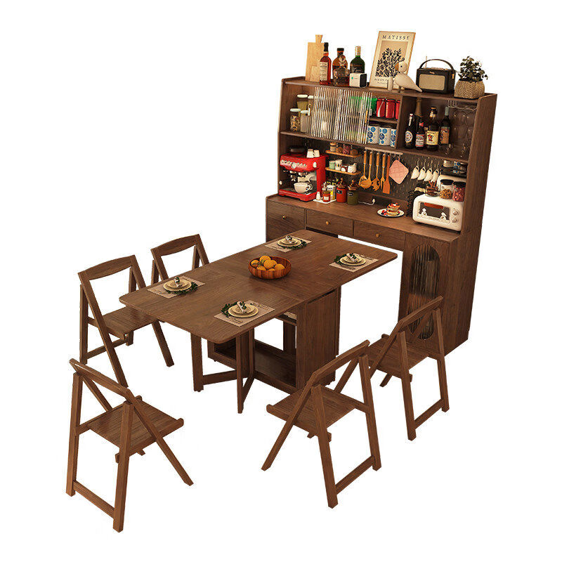 Solid wood folding dining table and sideboard integrated retractable retro small apartment with medieval style wall-mounted home table All solid wood walnut color 1 point 6 table cabinet + 4 chairs
