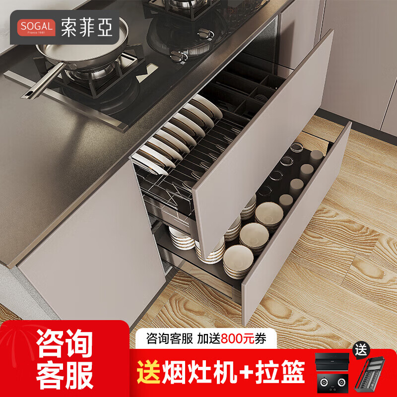 Sofia Stainless Steel Cabinets Kitchen Steel Wood Kitchen Cabinets Furniture Integrated Cabinets Tableware Stove Wall Cabinet Integrated Cabinet Sideboard 7-meter Smoked Stove Package (Quartz Stone Countertop)