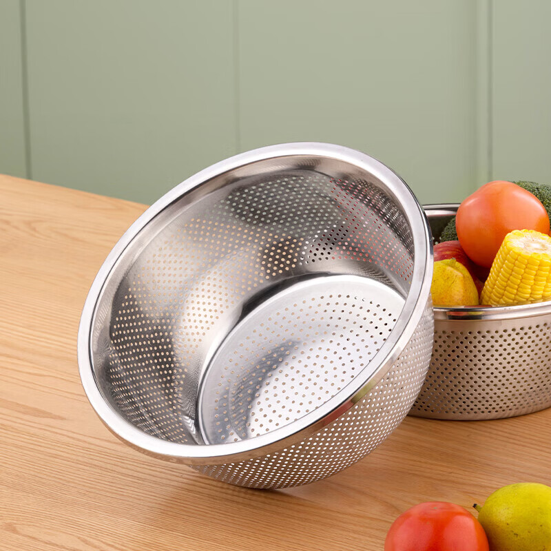 Camellia stainless steel vegetable washing basket, thickened rice sieve, dense hole vegetable washing fruit basin, round household and washbasin, 28cm (basin deepened) 1 piece